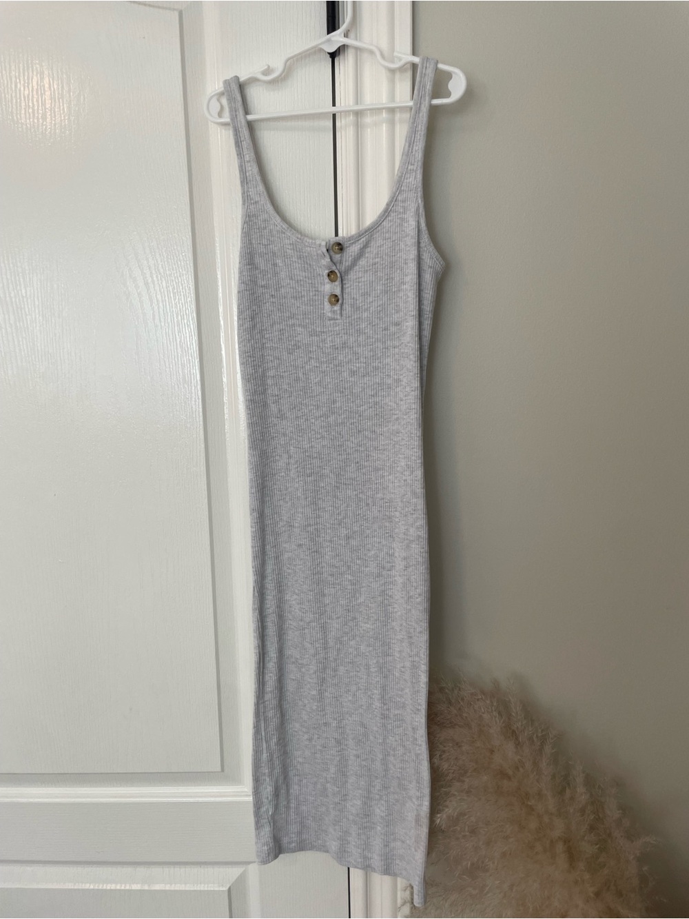 Cotton On Light Gray Ribbed Tank Midi Dress with Front Buttons